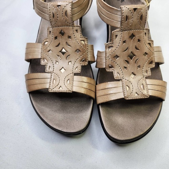 Clarks Leather Sandal Laser Cut Ankle Buckle Strap Bronze Size 11 Wedge Heel - Picture 3 of 8